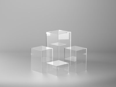 Правоъгълни плексигласови подиуми и масички – прозрачни и цветни за събития, търговски обекти и галерии