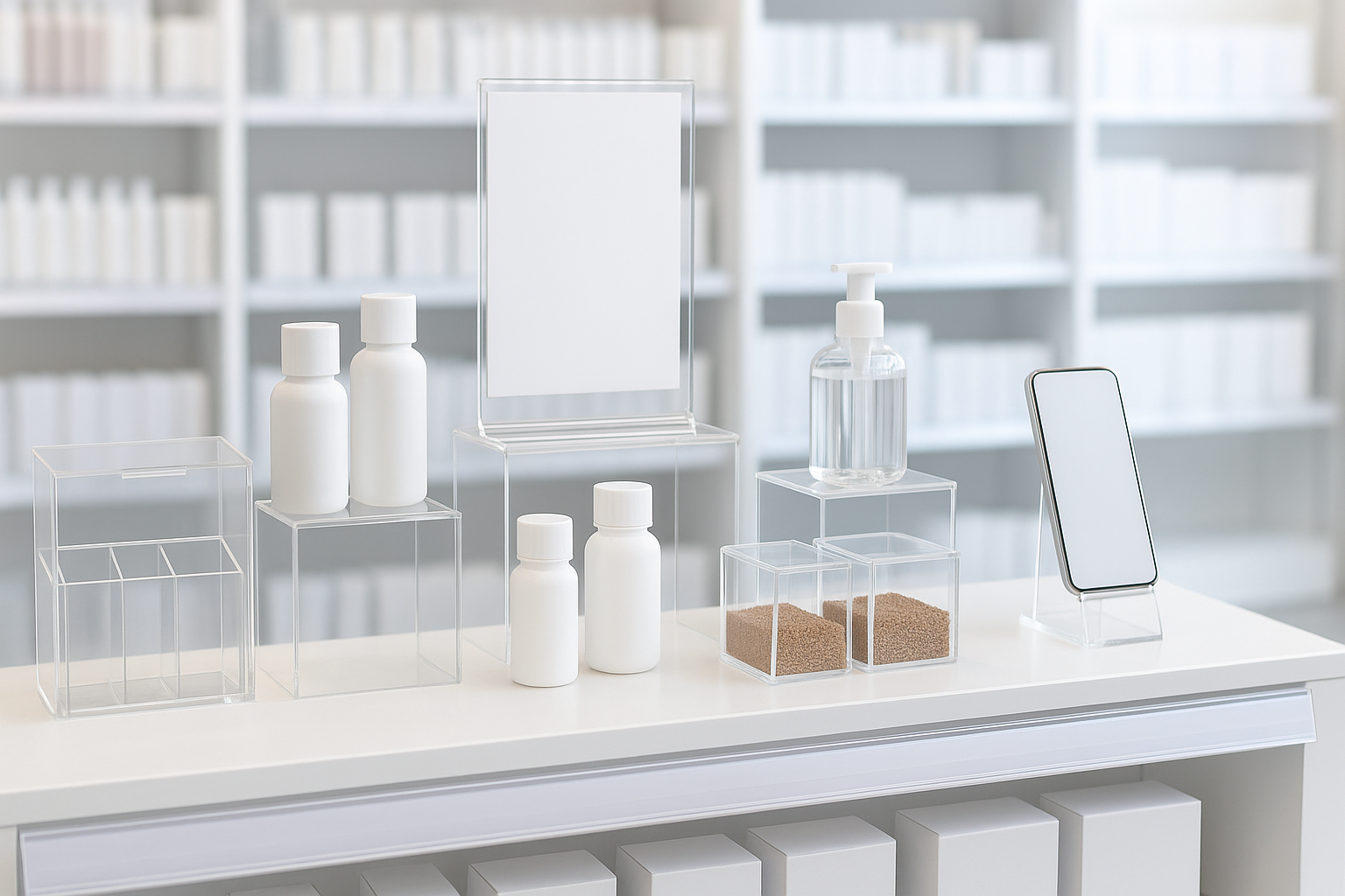 Организирана витрина в търговски обект с прозрачни плексигласови стойки и подиуми, върху които са подредени бутилки, козметични продукти и дисплей за телефон.