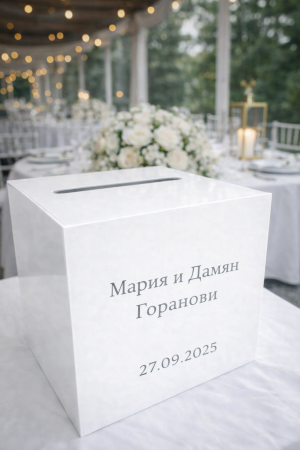 Бяла сватбена кутия за пликове и подаръци – персонализирана
